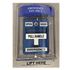 Show product details for 6510/COV Dortronics Anti-Tamper Plexiglass Cover - EMERGENCY EXIT ONLY - Blue Label with White Lettering