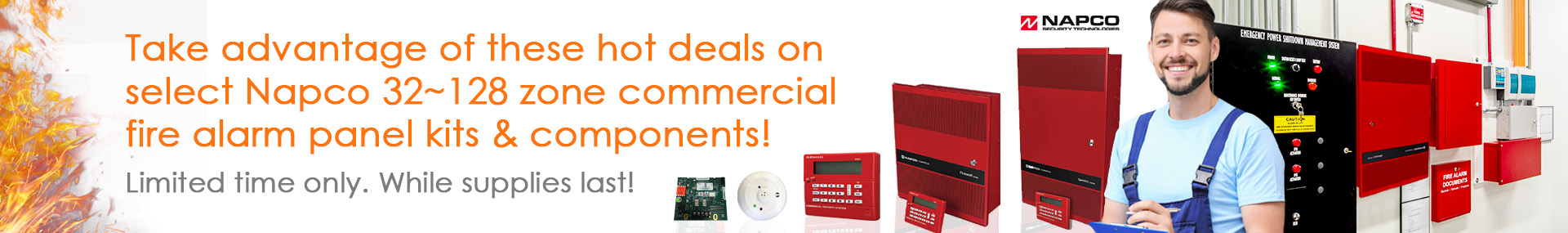 Napco Hot Deals on 32 to 128 zone commercial fire alarm panel kits and components